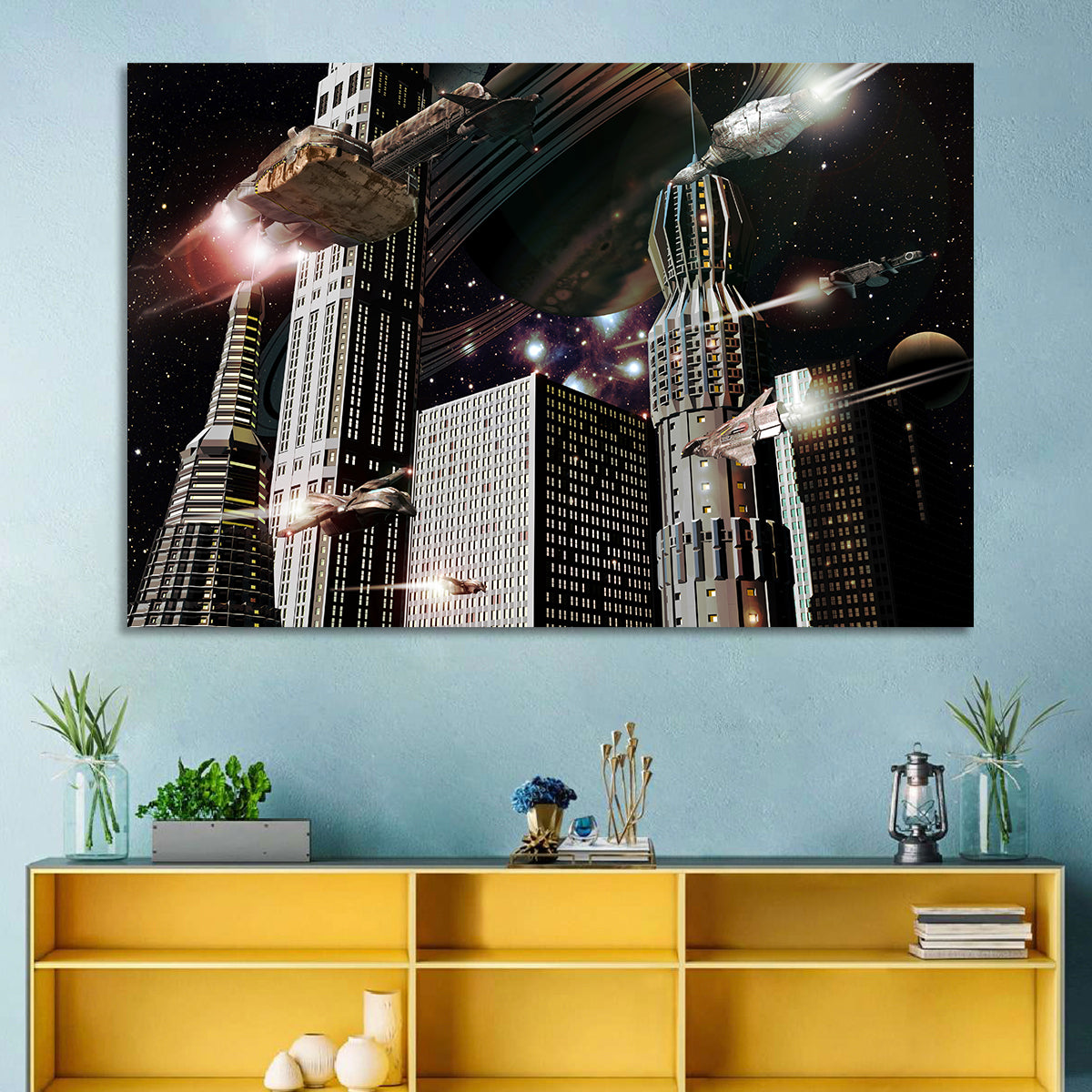 Ringed Planet Cityscape Wall Art in a room, landscape