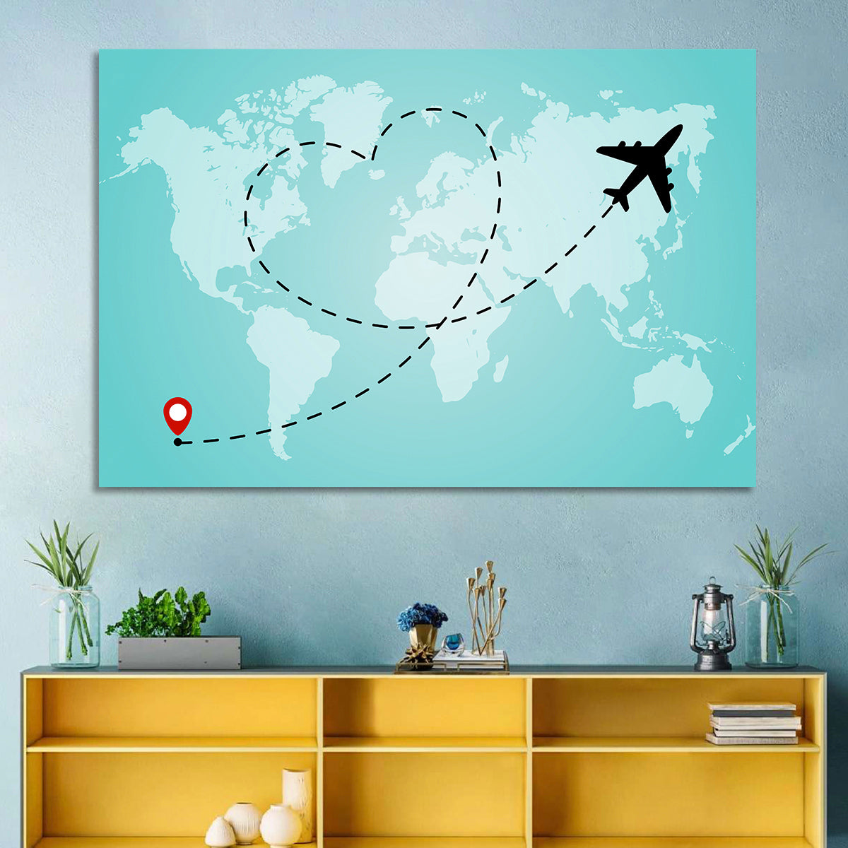 Heart Flight Map Wall Art in a room, landscape