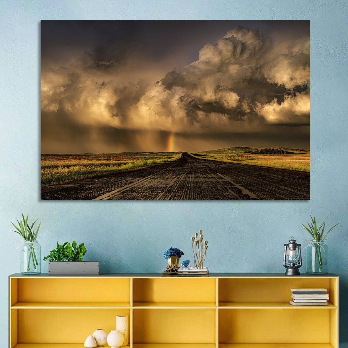 Rain-soaked Road to Rainbow Wall Art in a room, landscape