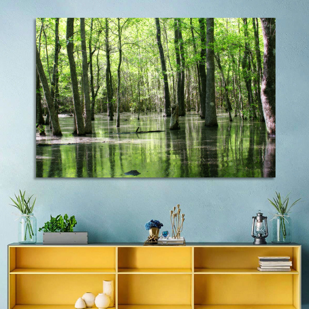 Sunlit Swamp Forest Wall Art in a room, landscape