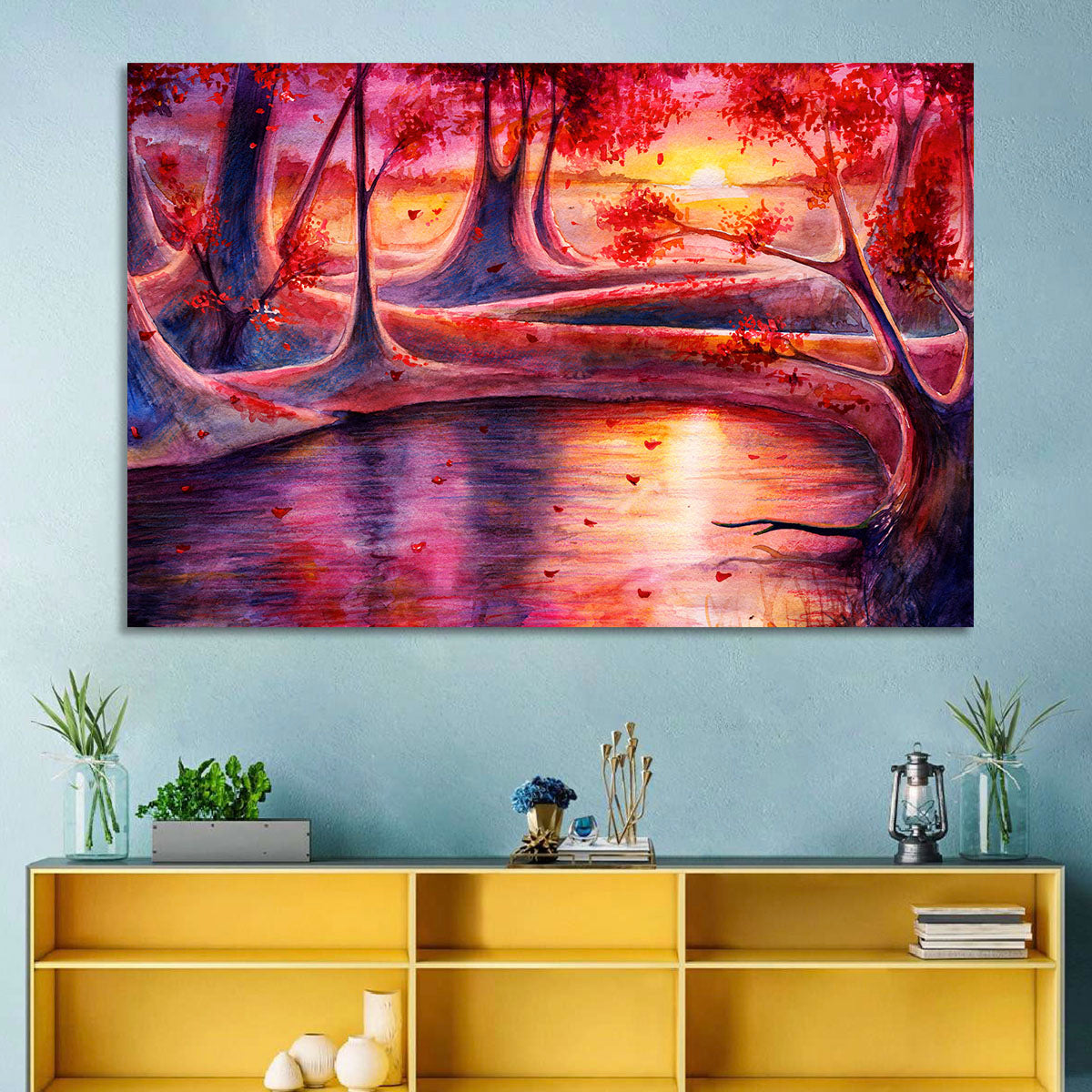 Autumn Forest Lake at Dusk Wall Art in a room, landscape