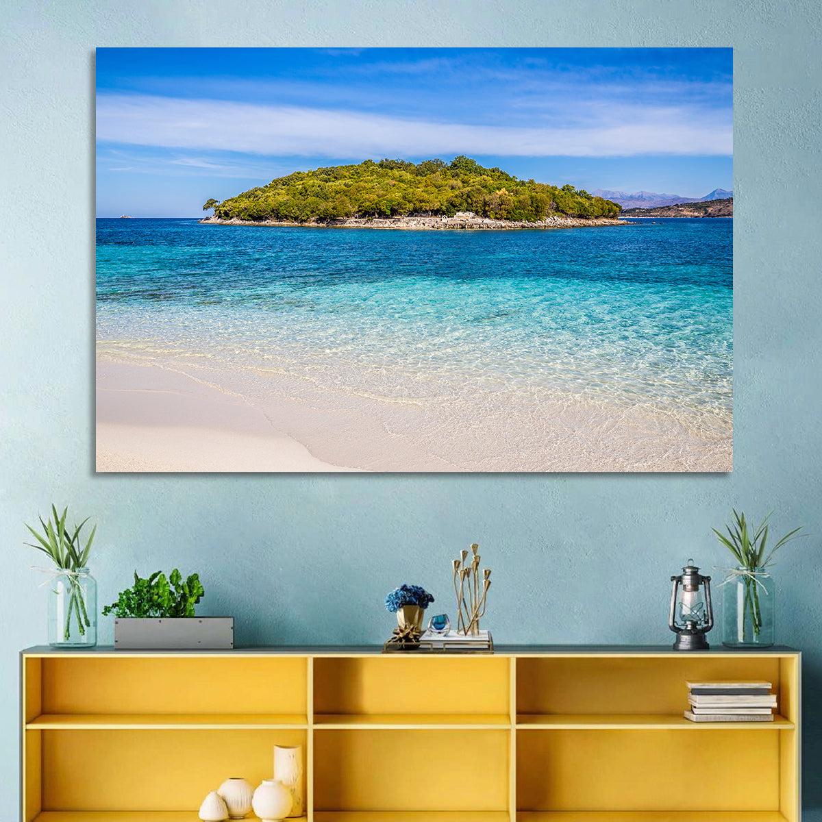 Butrint Turquoise Island Beach Wall Art in a room, landscape