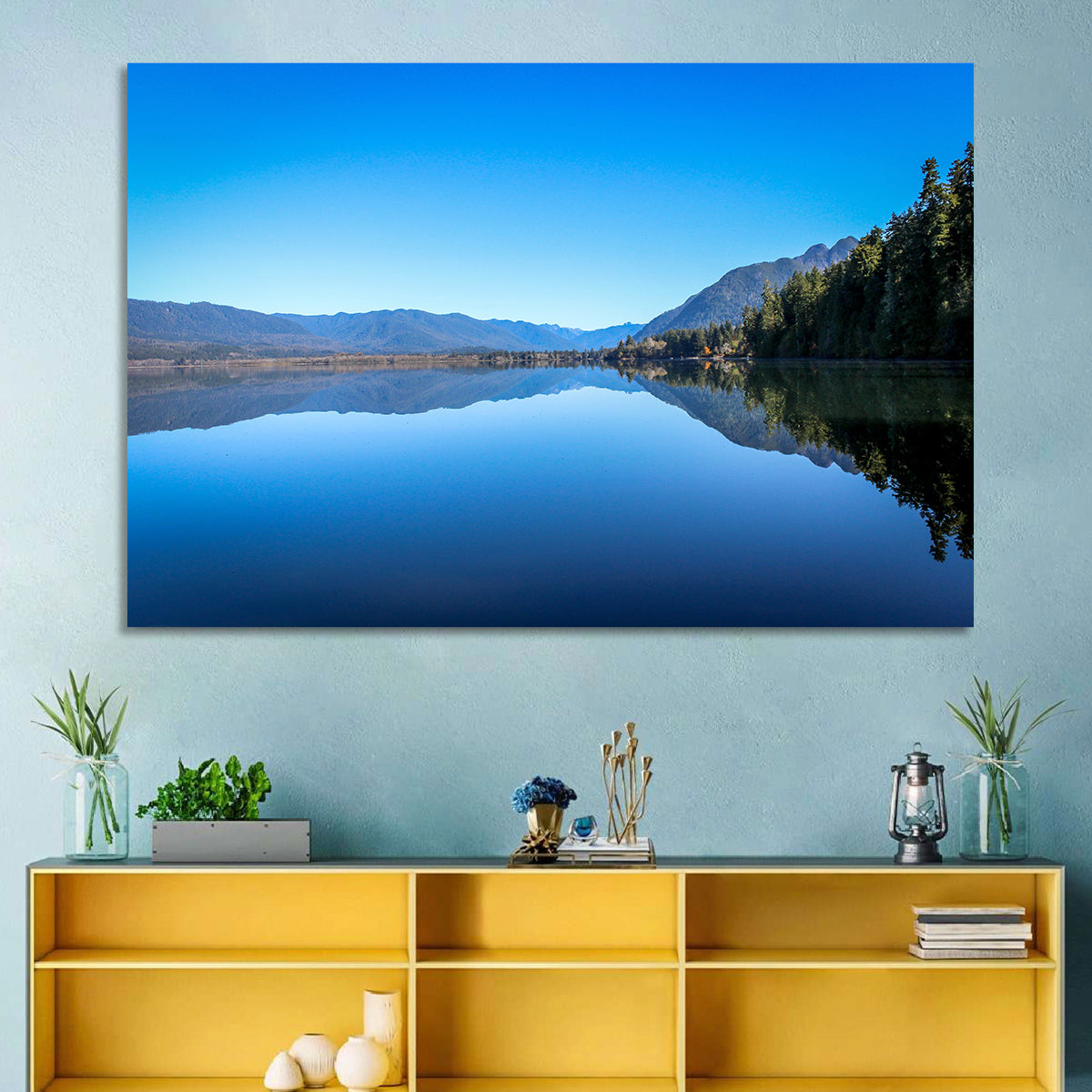 Lake Quinault Reflection Wall Art in a room, landscape