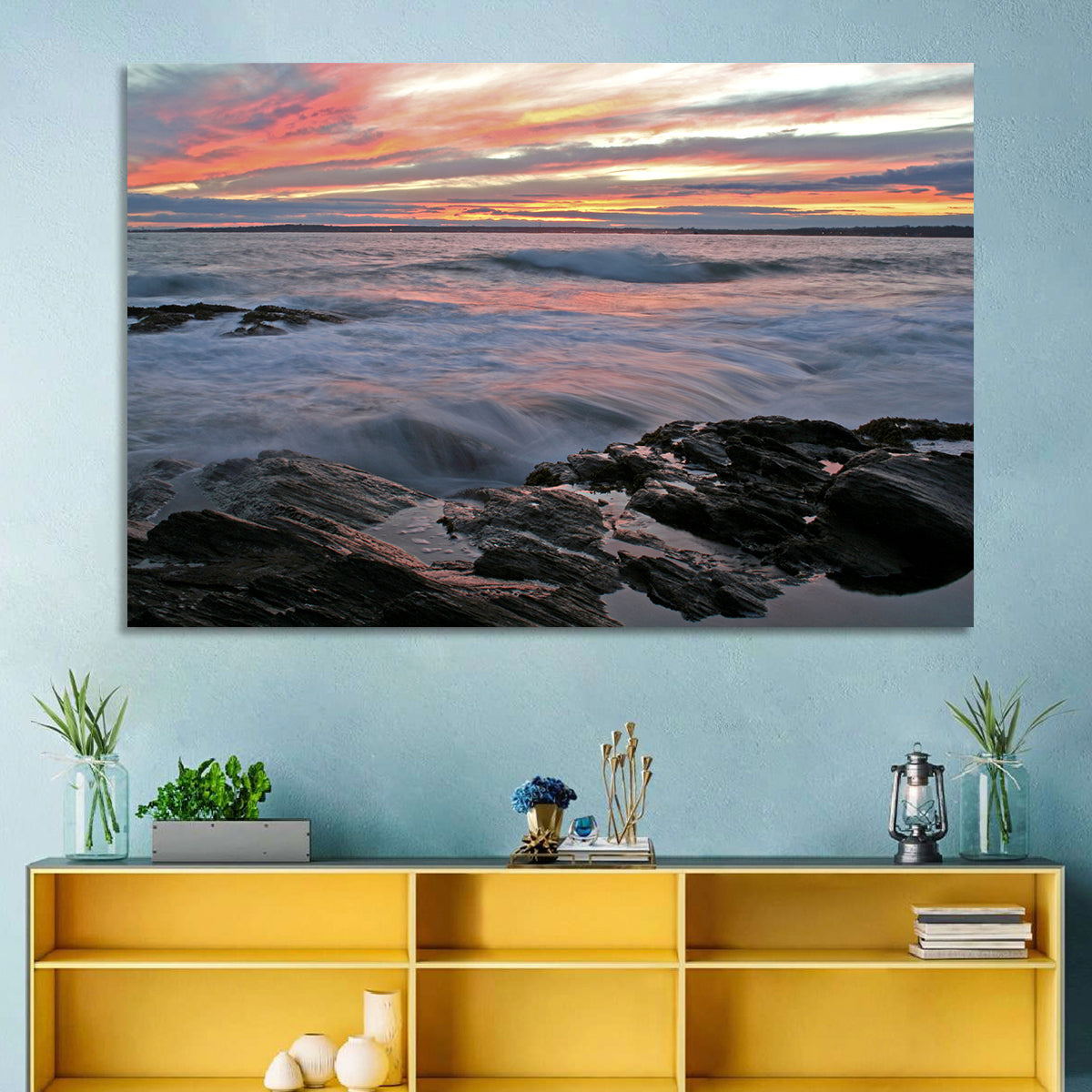 Rocky Coast Sunset Wall Art in a room, landscape