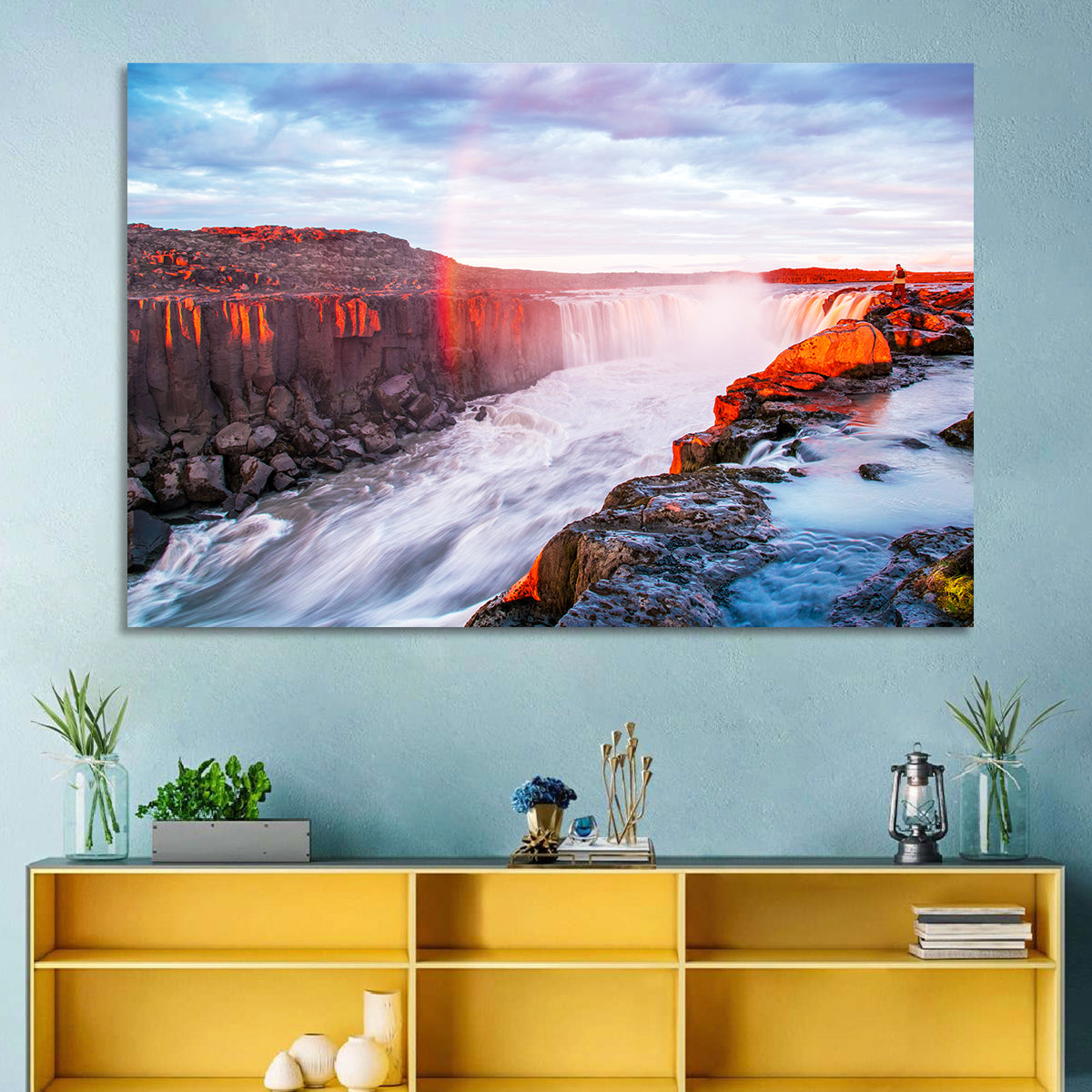 Golden Hour Selfoss Falls Rainbow Wall Art in a room, landscape