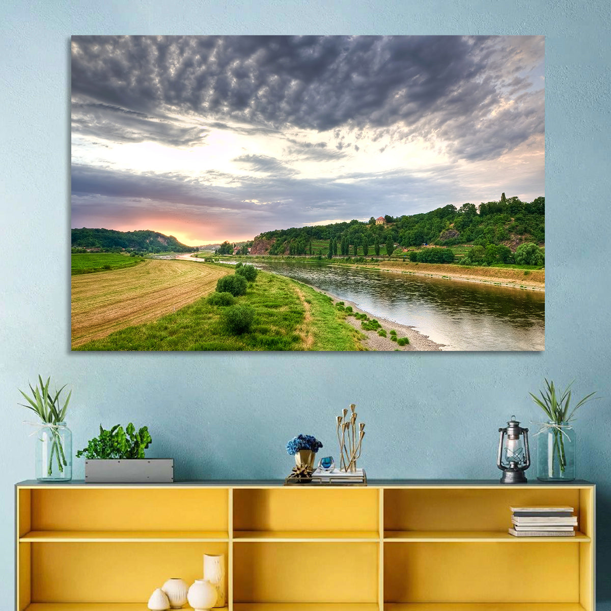 Elbe River at Golden Hour Wall Art in a room, landscape