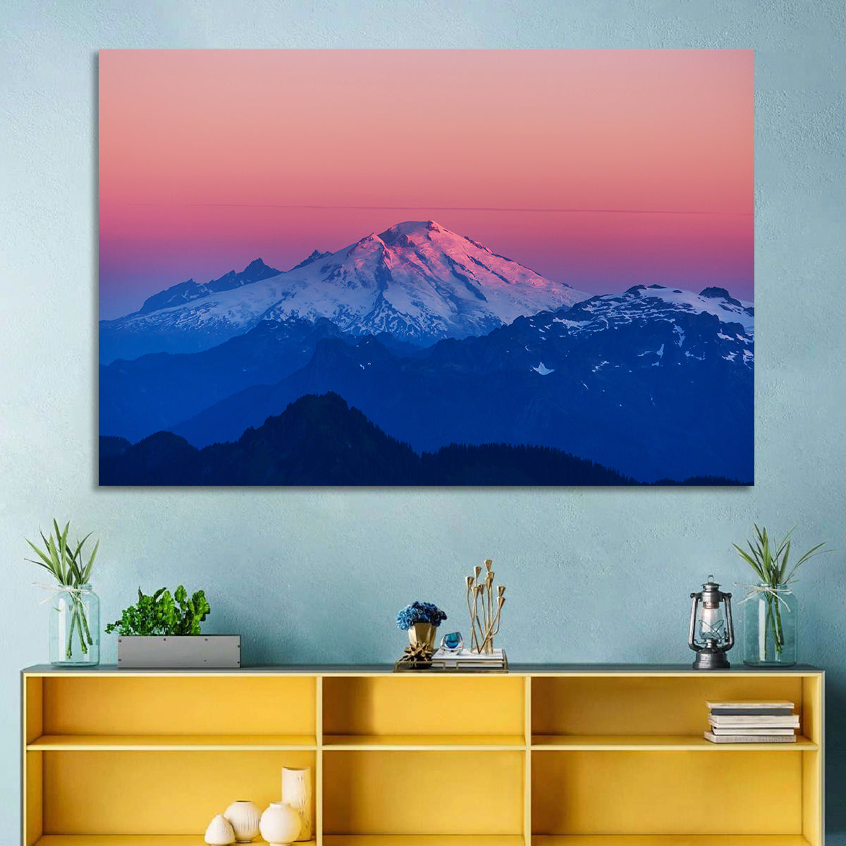 Mount Baker Alpenglow Wall Art in a room, landscape