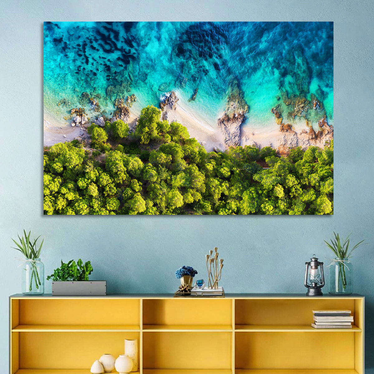 Croatian Turquoise Coastline Wall Art in a room, landscape