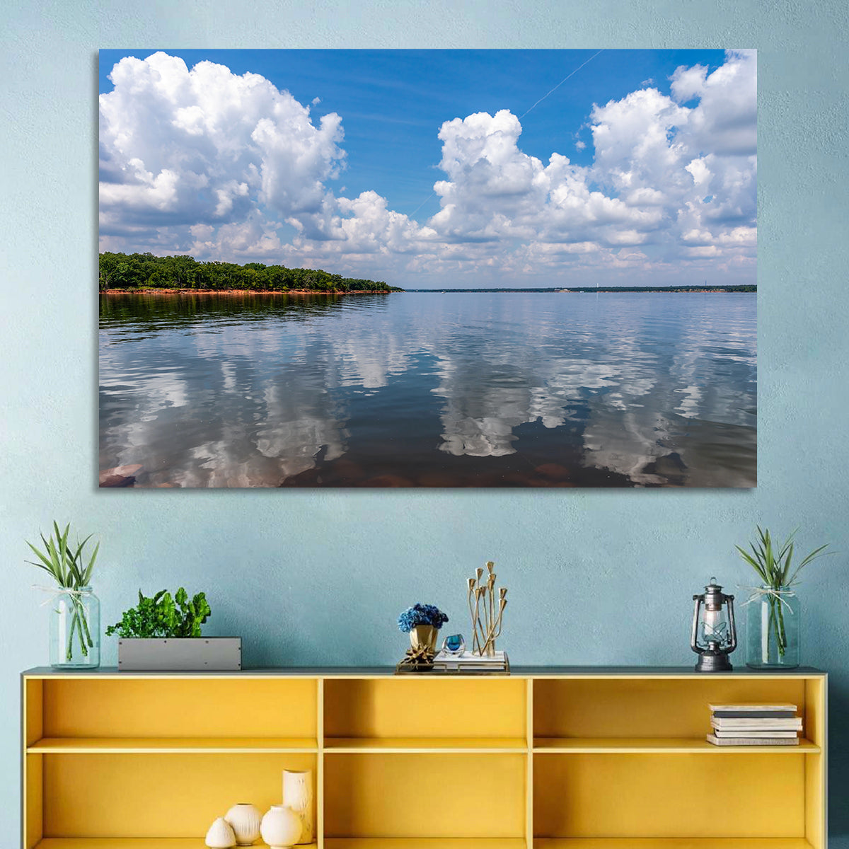 Thunderbird Lake Reflections Wall Art in a room, landscape