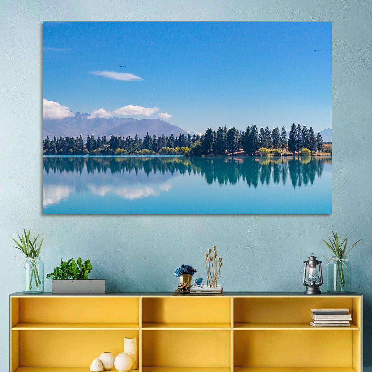 Lake Ruataniwha Reflection Wall Art in a room, landscape