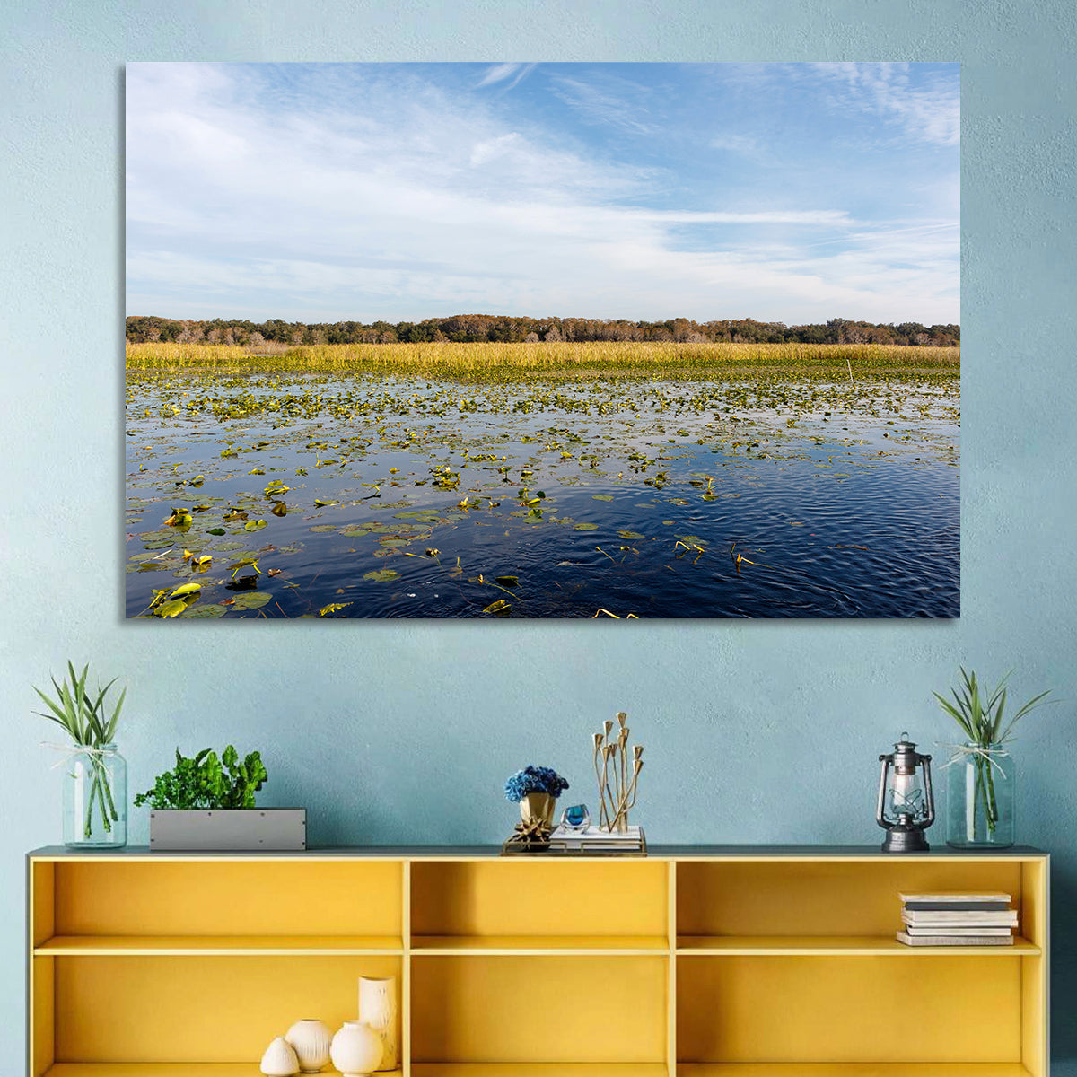 Cloudy Lake Toho Wall Art in a room, landscape