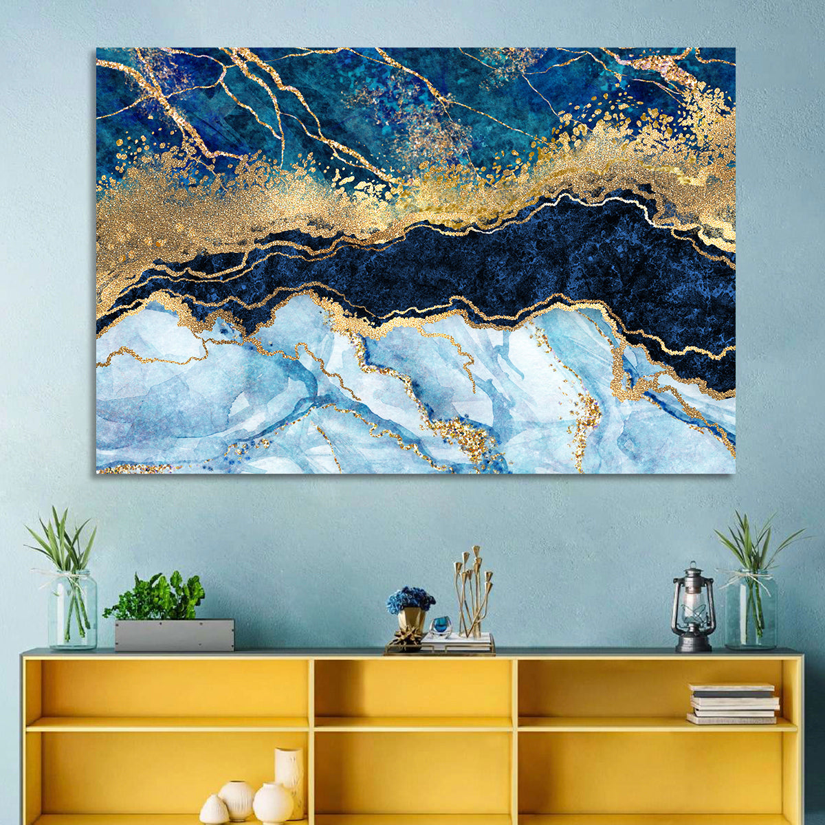 Navy Blue Marble with Gold Veins Wall Art in a room, landscape