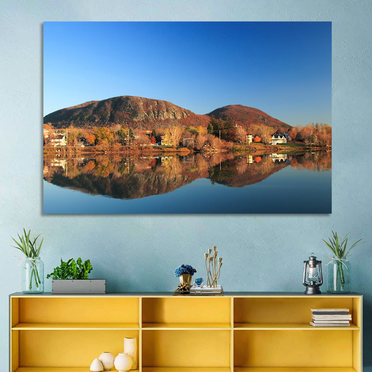 Mont Saint-hilaire Autumn Reflection Wall Art in a room, landscape