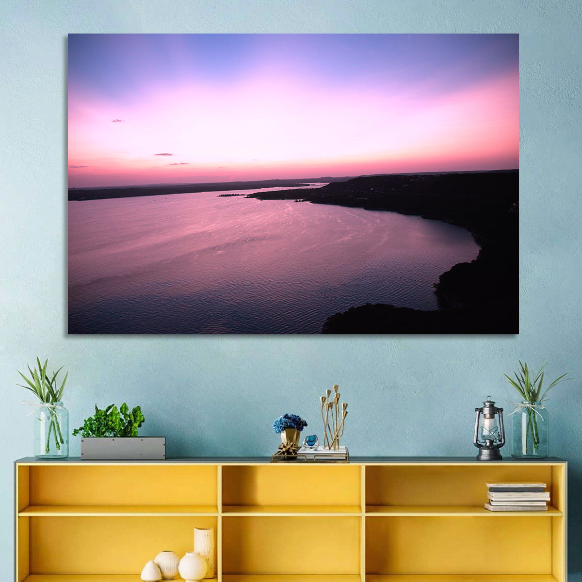 Lake Travis Purple Sunset Wall Art in a room, landscape