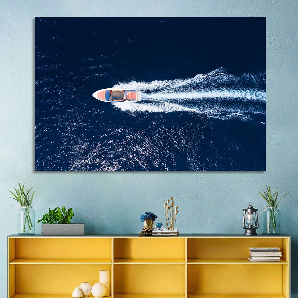Sleek Speedboat Over Navy Sea Wall Art in a room, landscape