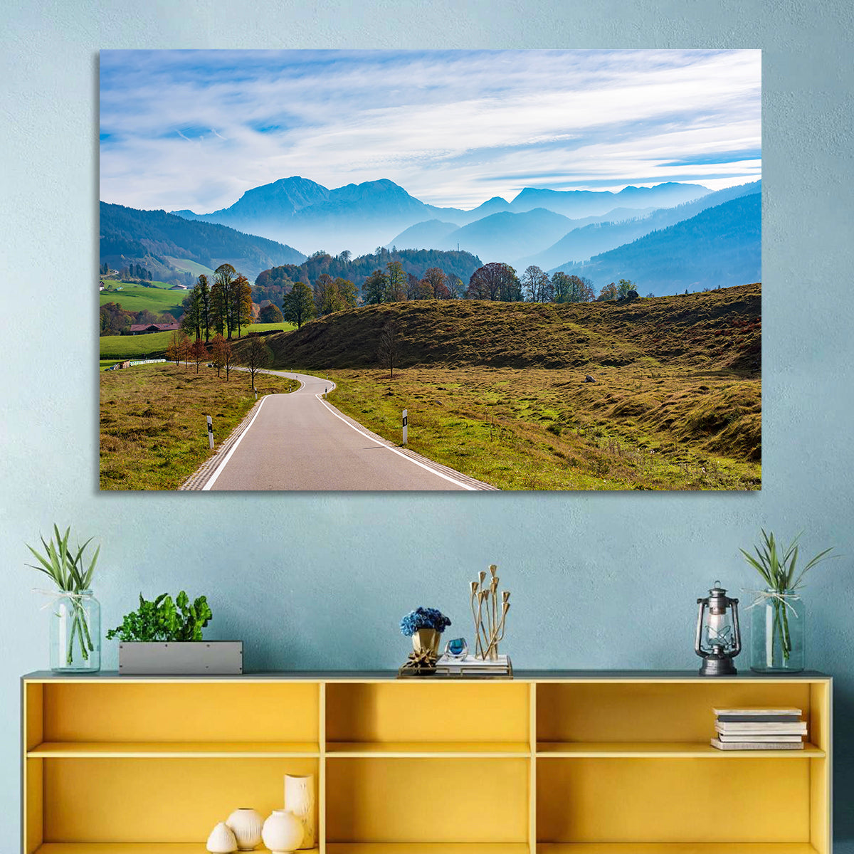 Bavarian Mountain Valley Wall Art in a room, landscape