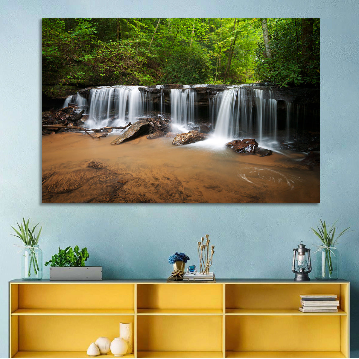 Lush Green Forest Waterfall Wall Art