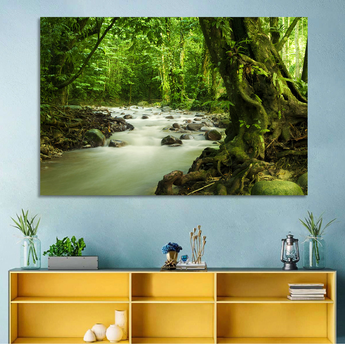 Emerald Rainforest River Wall Art in a room, landscape