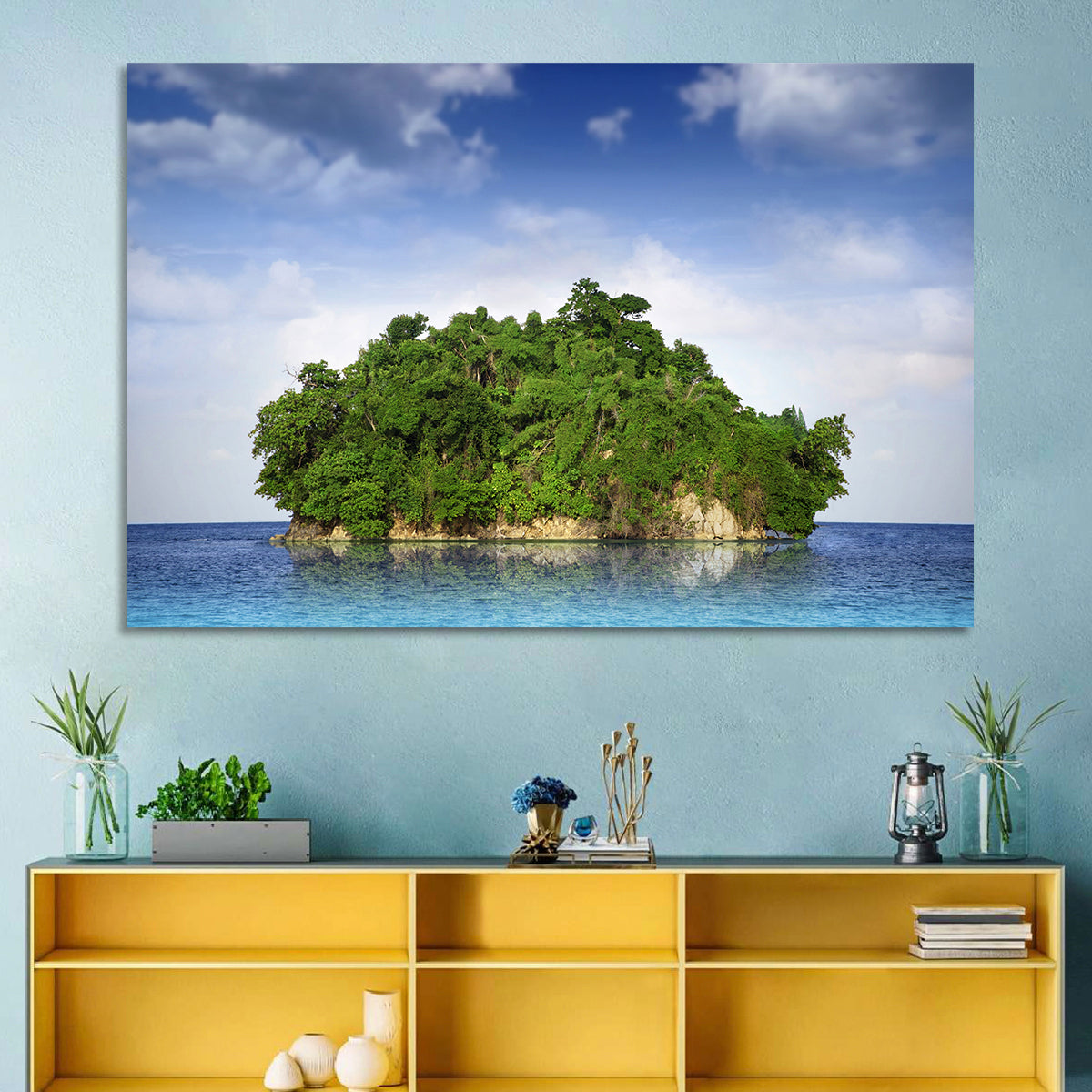 Tranquil Tropical Island Reflection Wall Art in a room, landscape