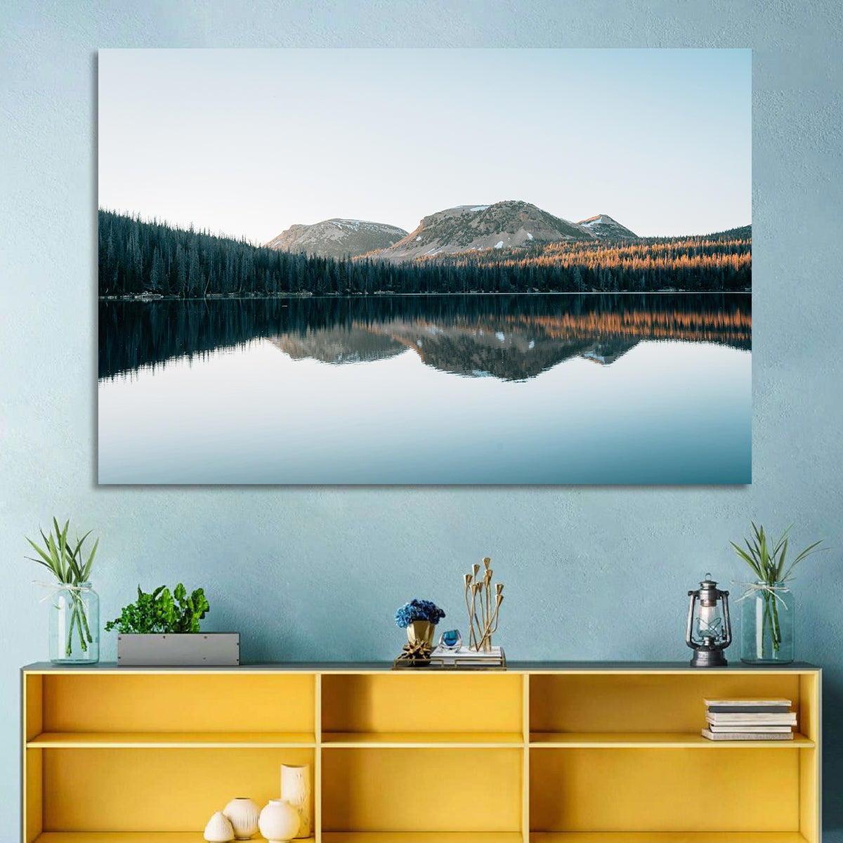 Mirror Lake Utah Reflection Wall Art in a room, landscape