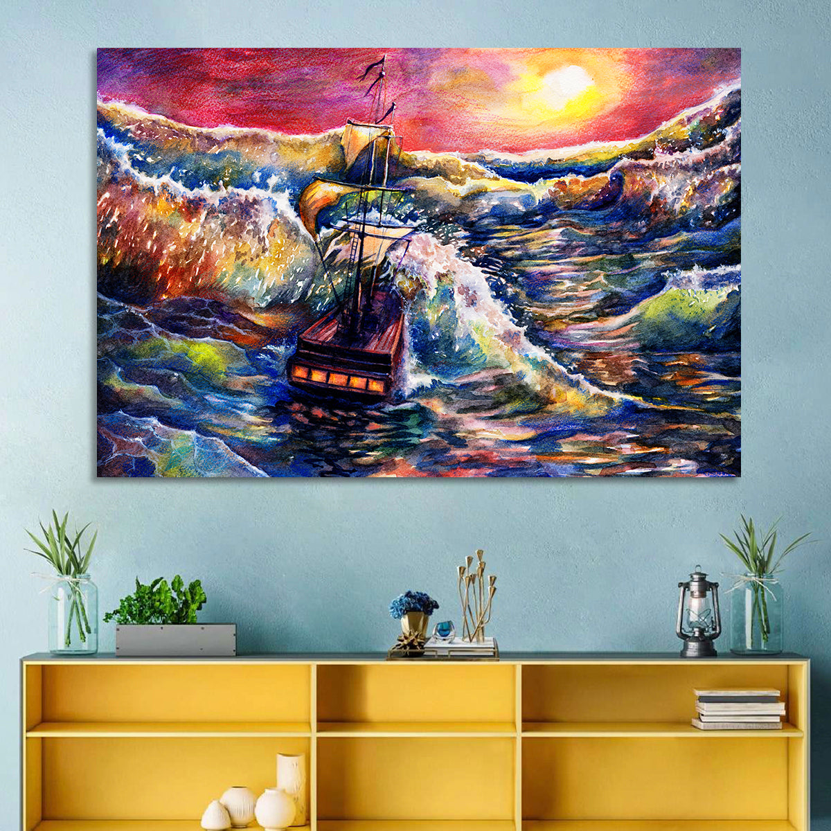 Stormy Sunset Sailing Ship Wall Art in a room, landscape