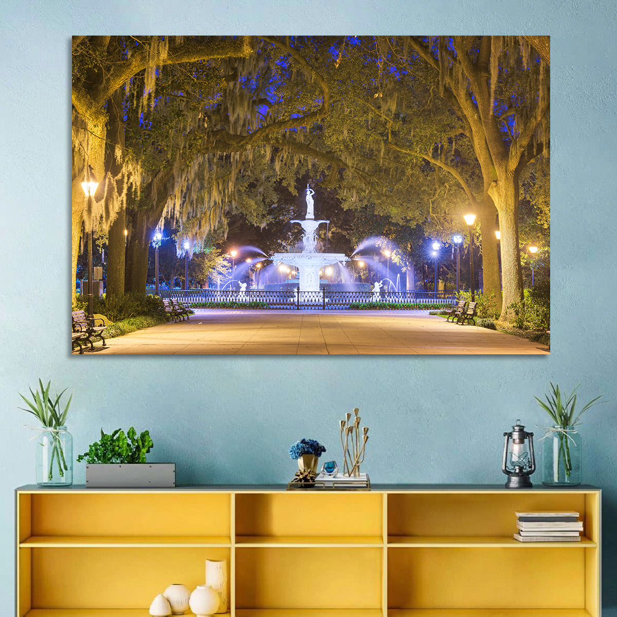 Forsyth Park Fountain at Night Wall Art in a room, landscape