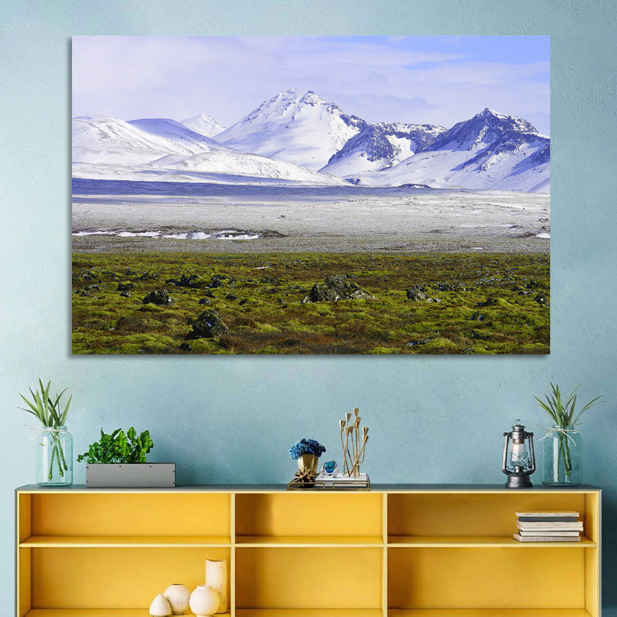 Icelandic Snow and Moss Landscape Wall Art in a room, landscape
