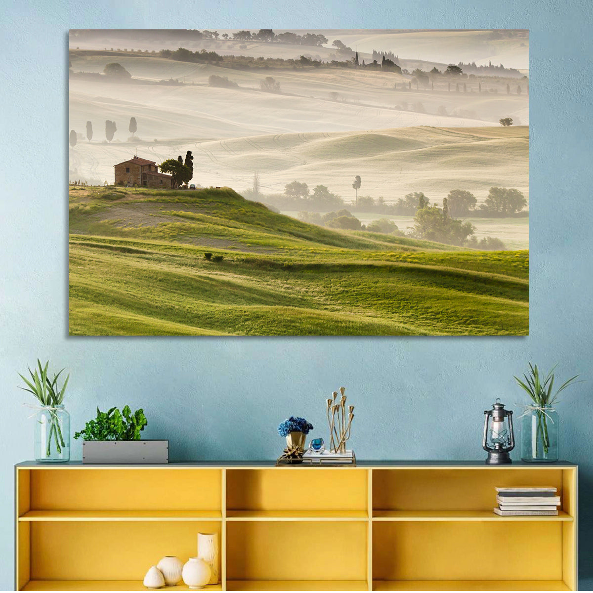 Foggy Tuscany Wall Art in a room, landscape