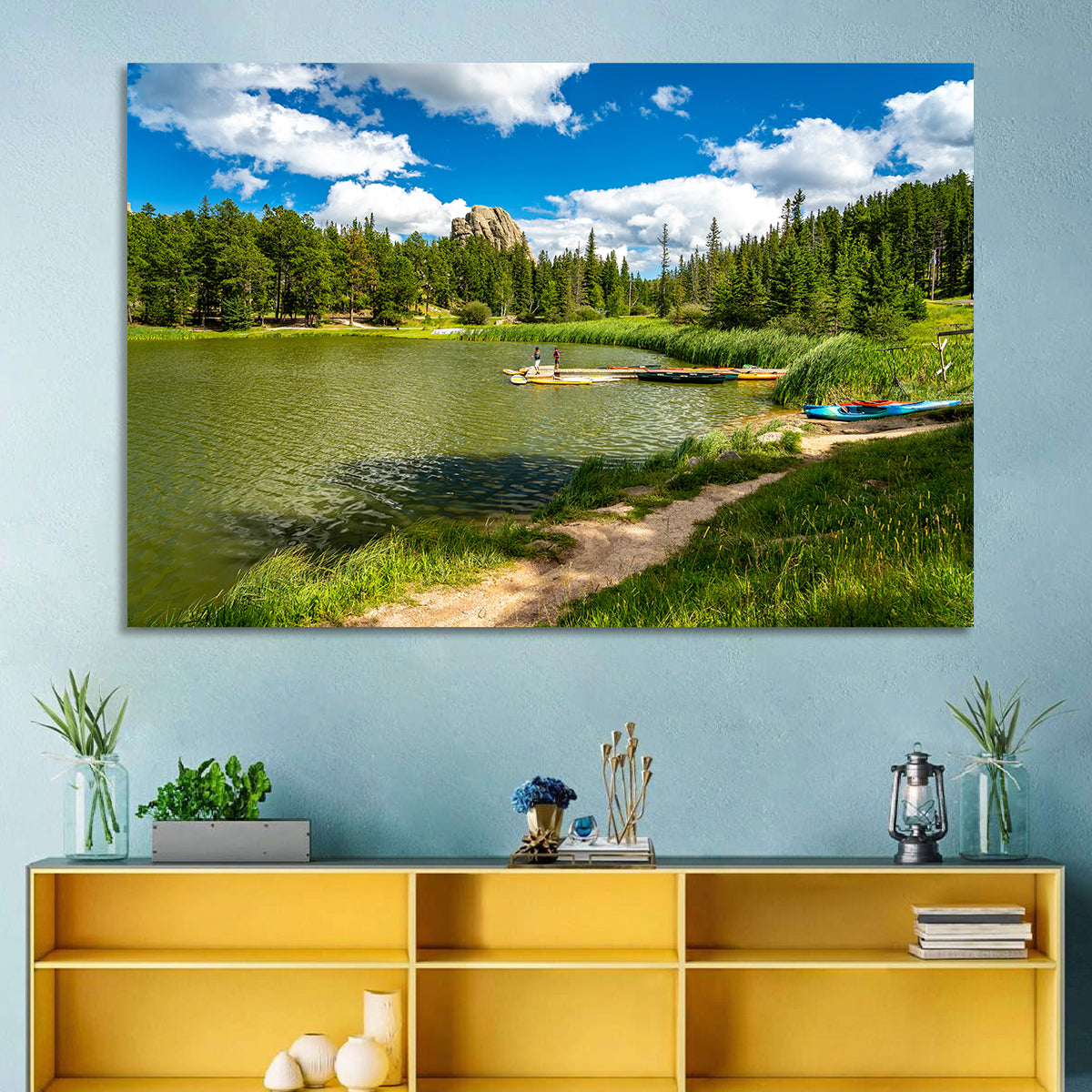Sylvan Lake Dockside Scene Wall Art in a room, landscape