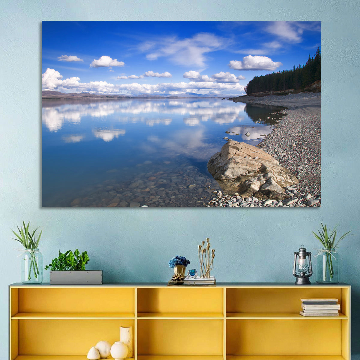 Pukaki Pebbled Shoreline Wall Art in a room, landscape