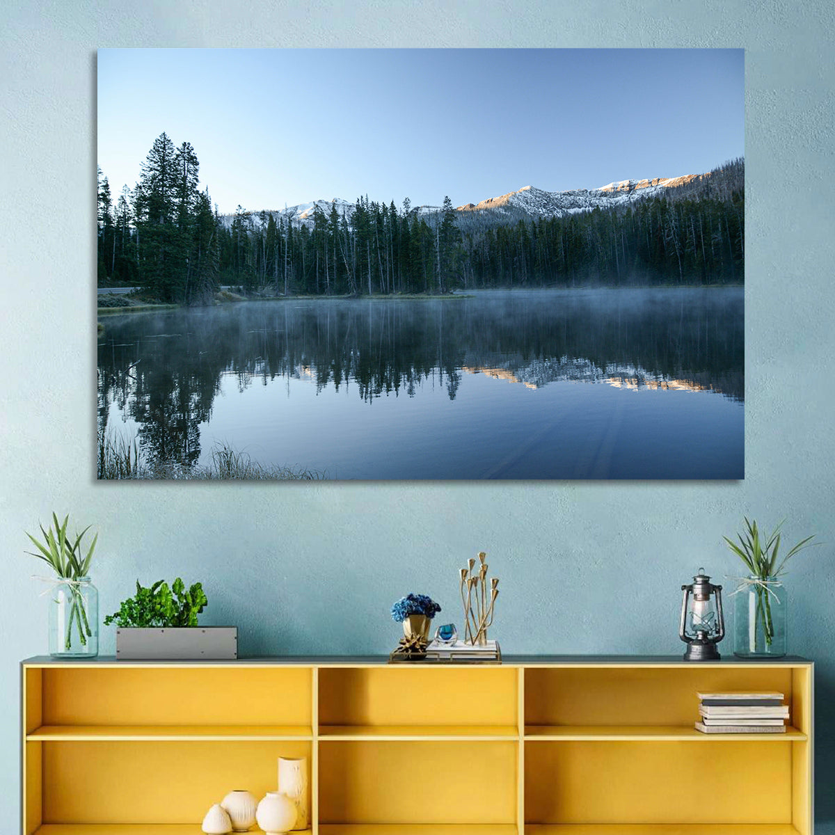 Sylvan Lake Morning Mist Wall Art in a room, landscape