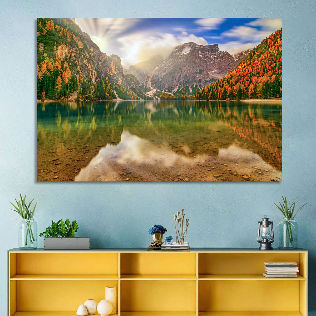 Lago Di Braies Sunrise Wall Art in a room, landscape