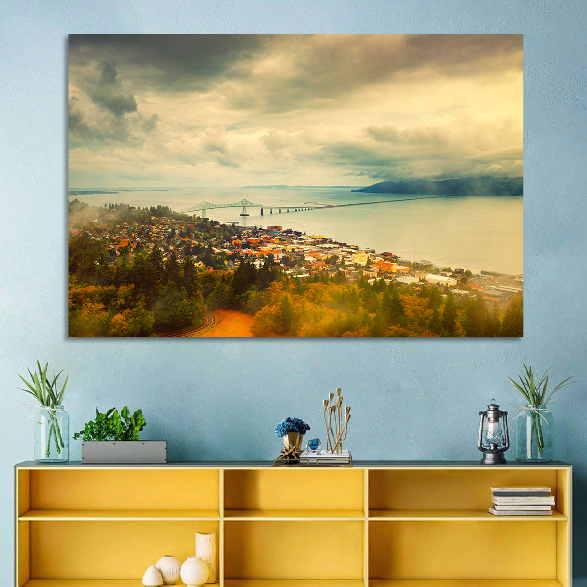 Astoria-megler Bridge Cityscape Wall Art in a room, landscape