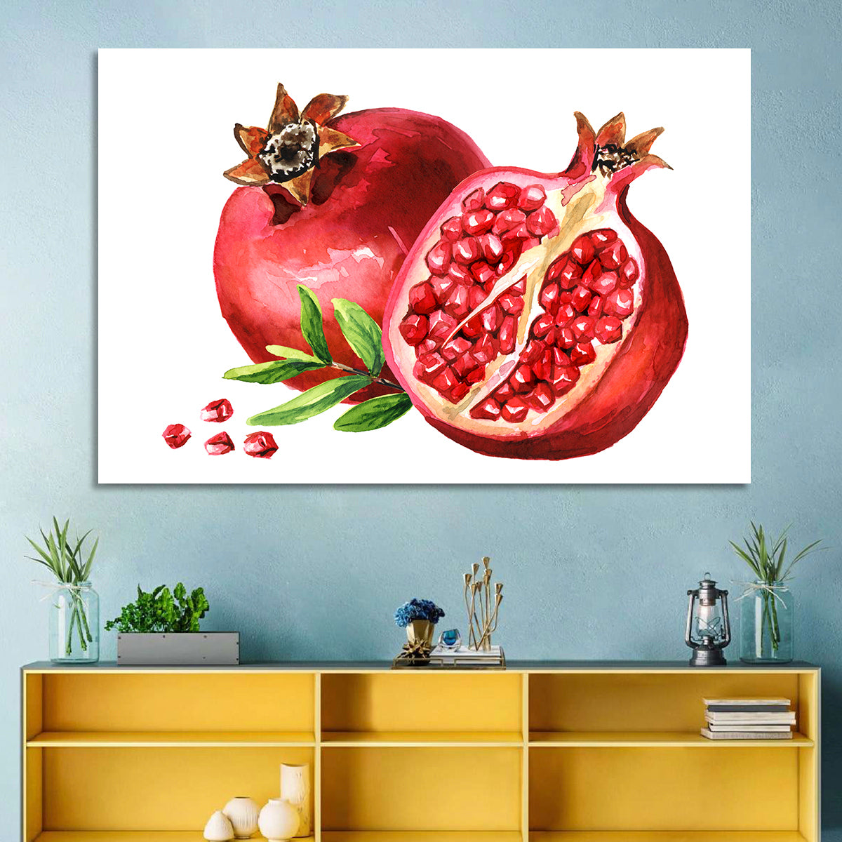 Fresh Pomegranate Watercolor Wall Art in a room, landscape
