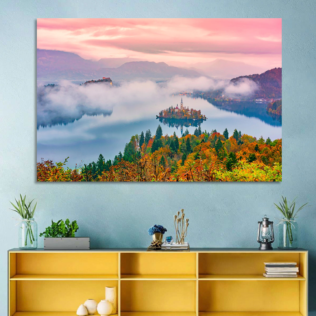 Misty Morning Over Lake Bled Wall Art in a room, landscape