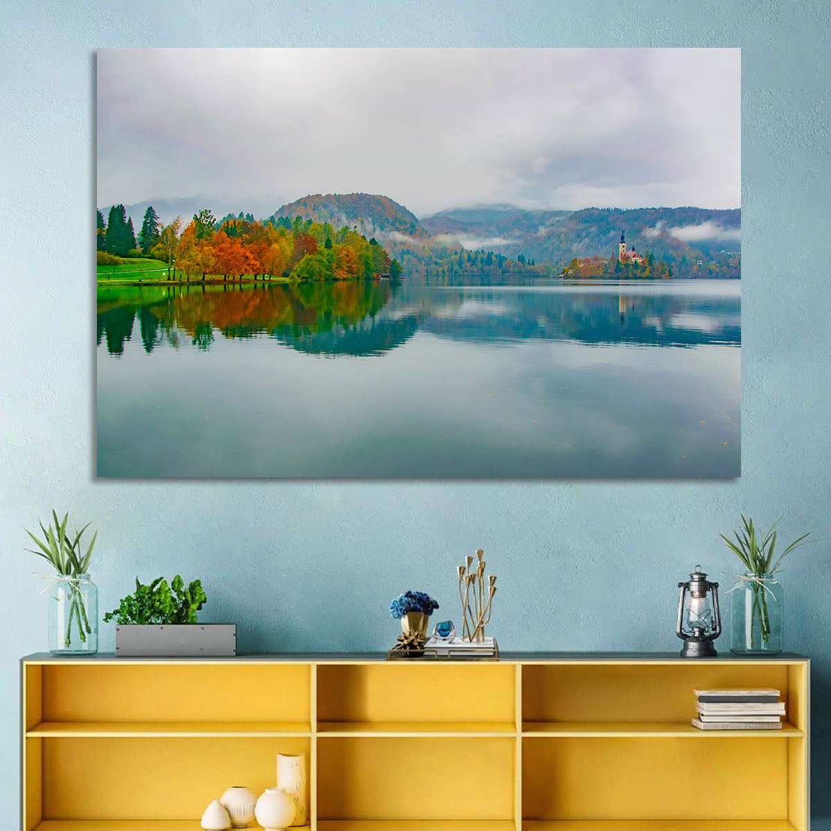 Lake Bled Island Church Wall Art in a room, landscape