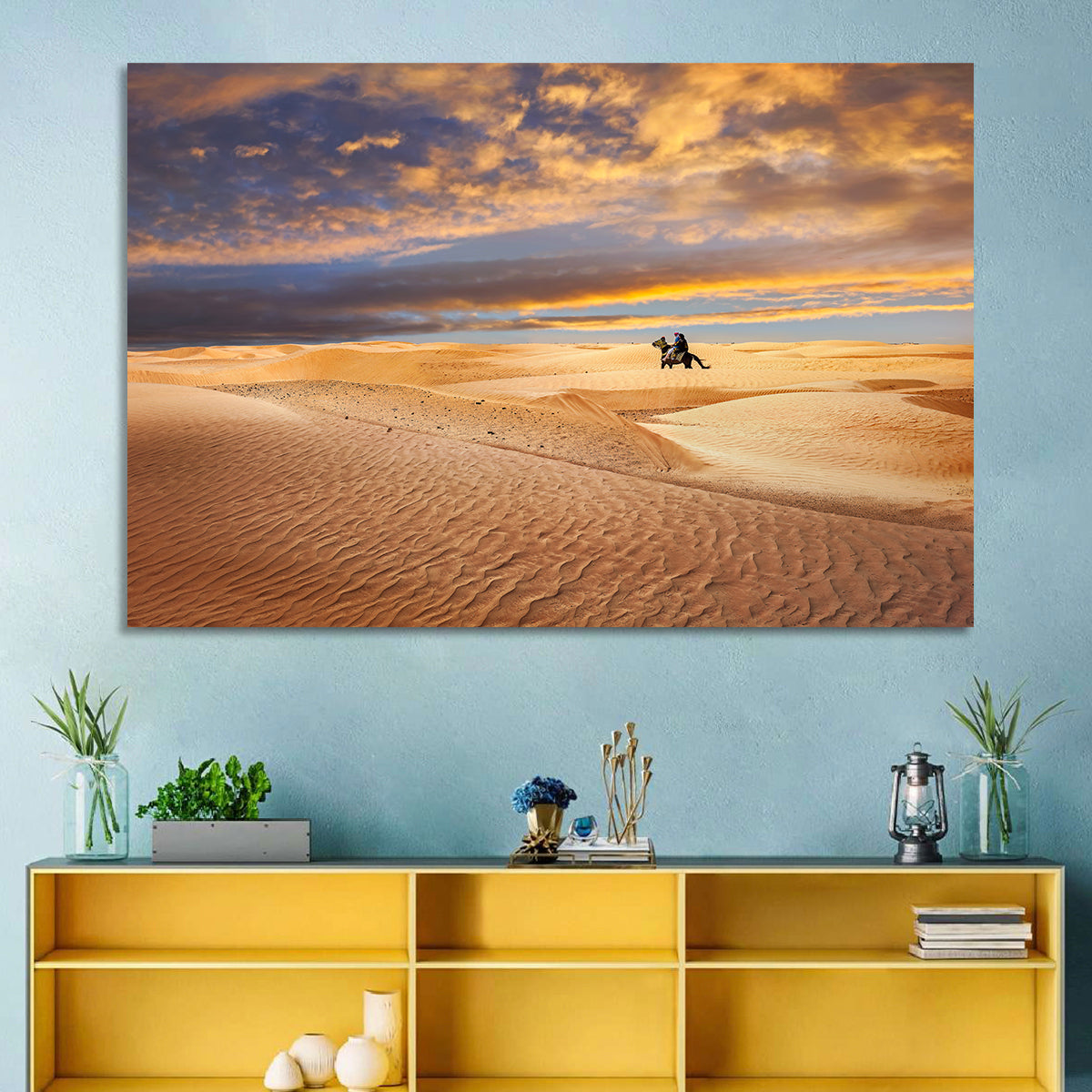 Sahara Camel Rider at Sunset Wall Art in a room, landscape
