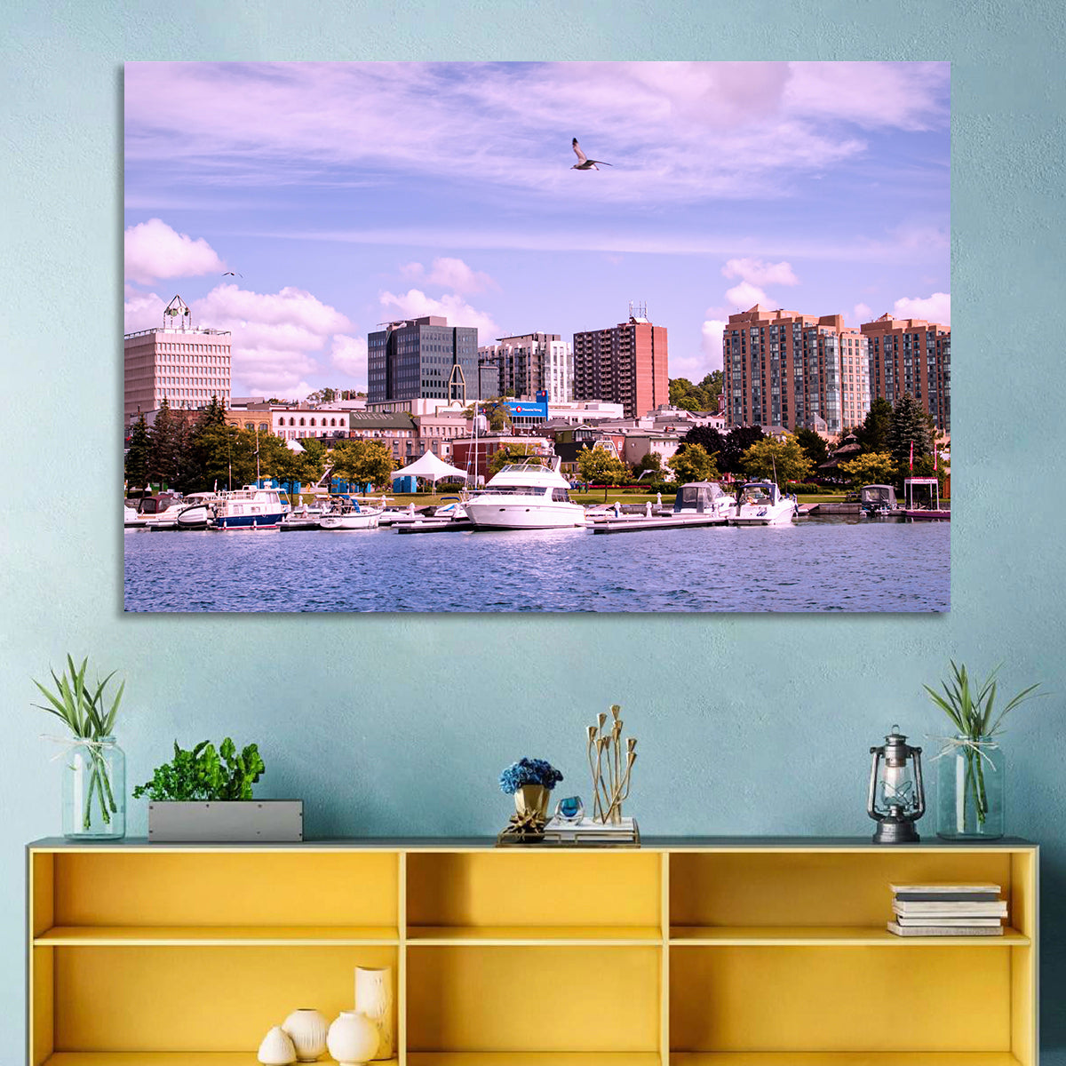 Barrie Lakefront Skyline Wall Art in a room, landscape