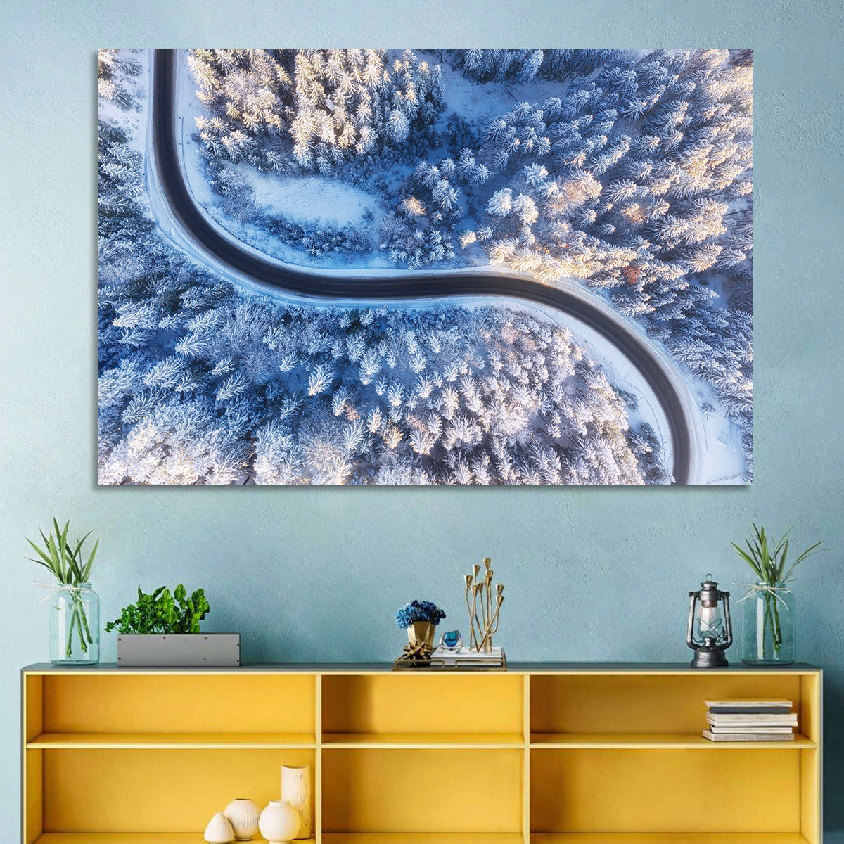 Snowy Forest Road at Golden Hour Wall Art in a room, landscape