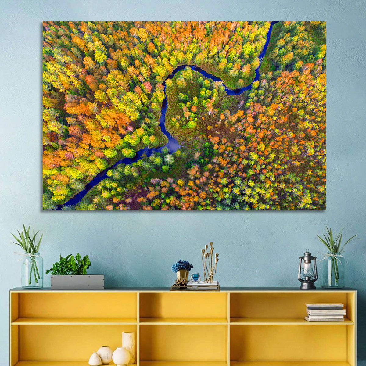 Winding Autumn River Wall Art in a room, landscape