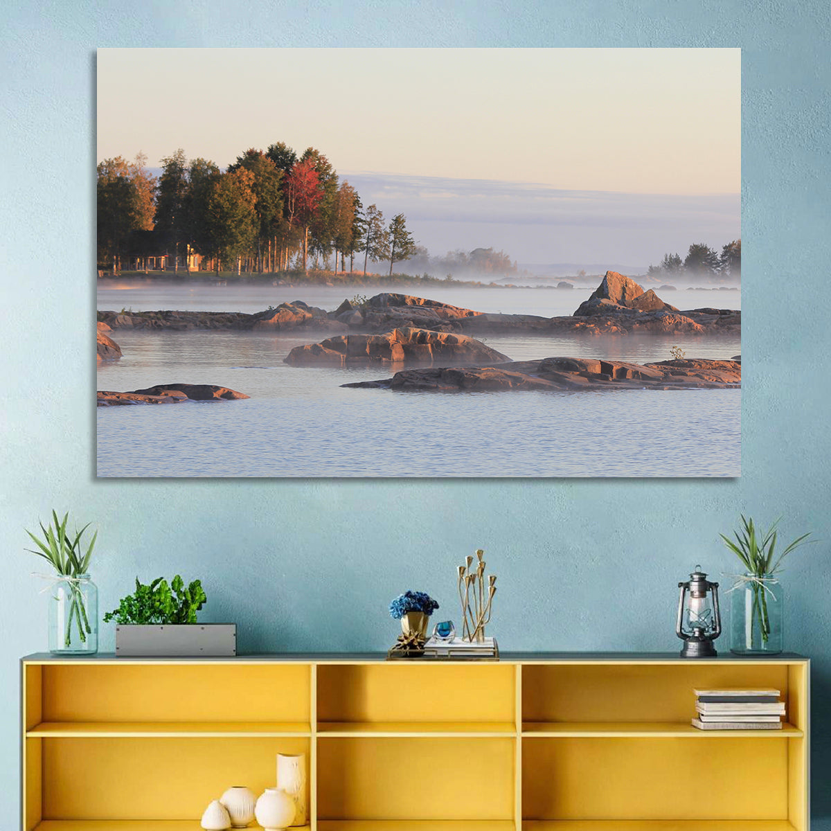 Lake Vanern Misty Shoreline Wall Art in a room, landscape