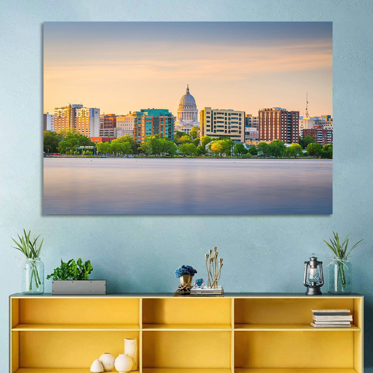 Madison Skyline at Lake Monona Wall Art in a room, landscape