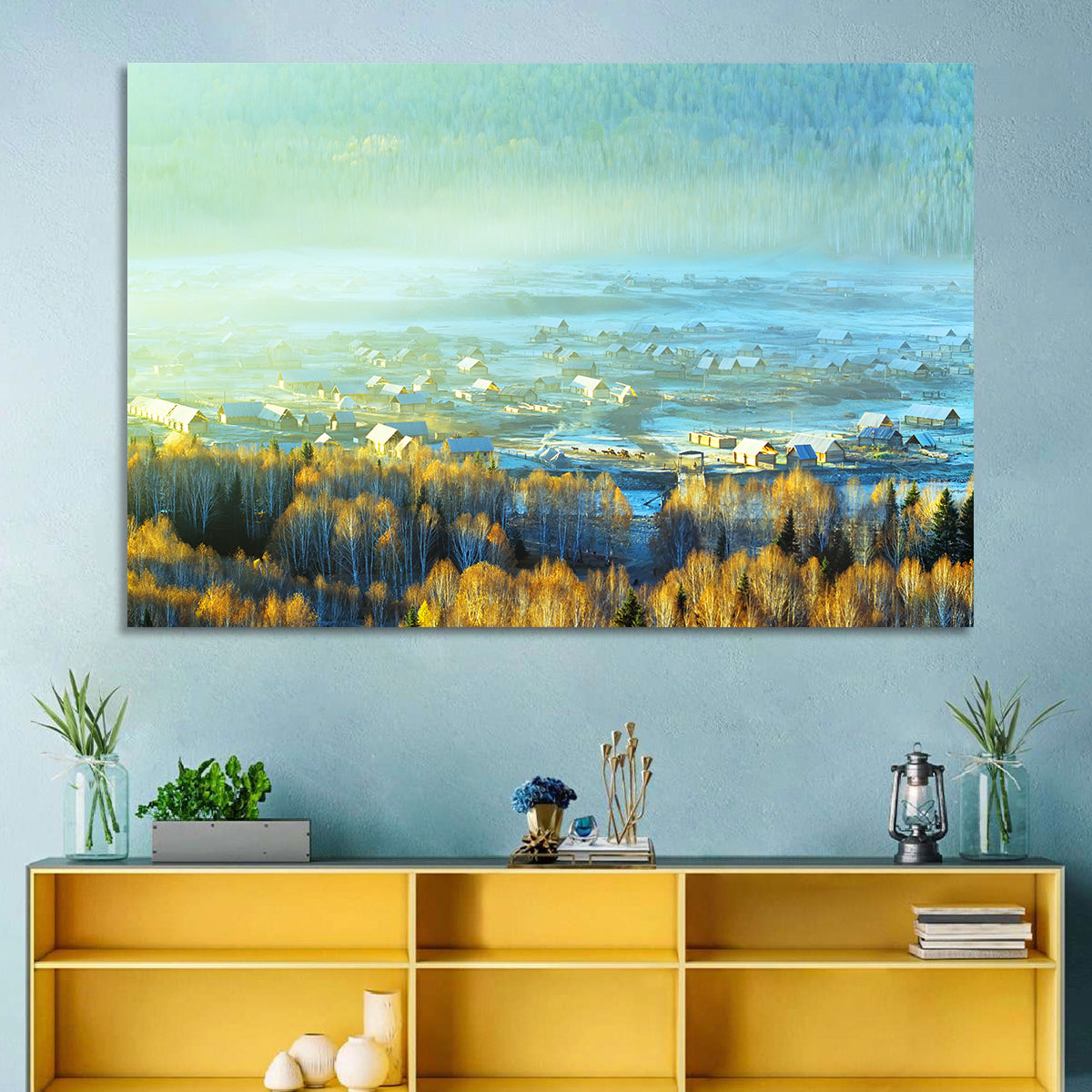 Misty Xinjiang Village Wall Art in a room, landscape