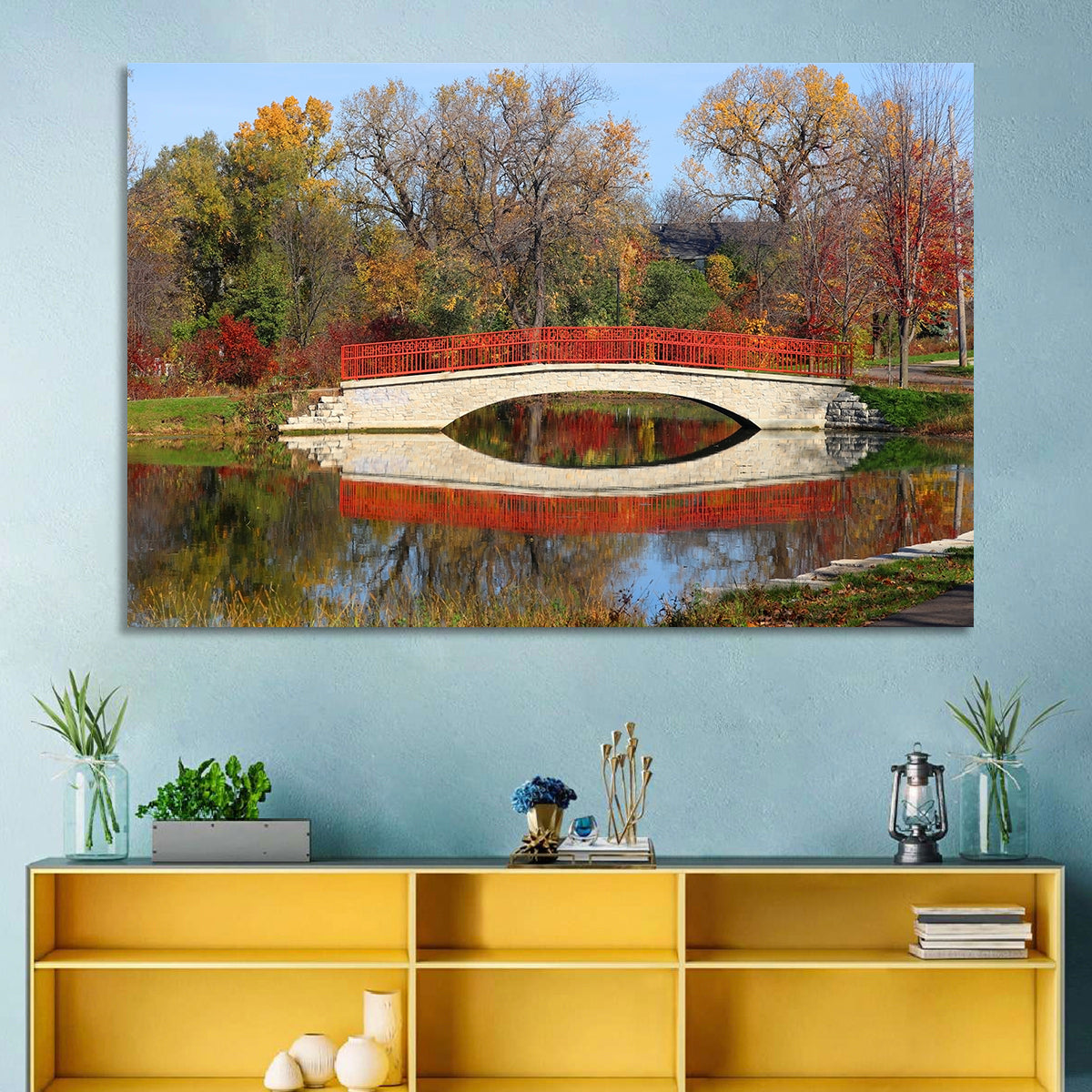Tenney Park Stone Bridge Reflection Wall Art in a room, landscape