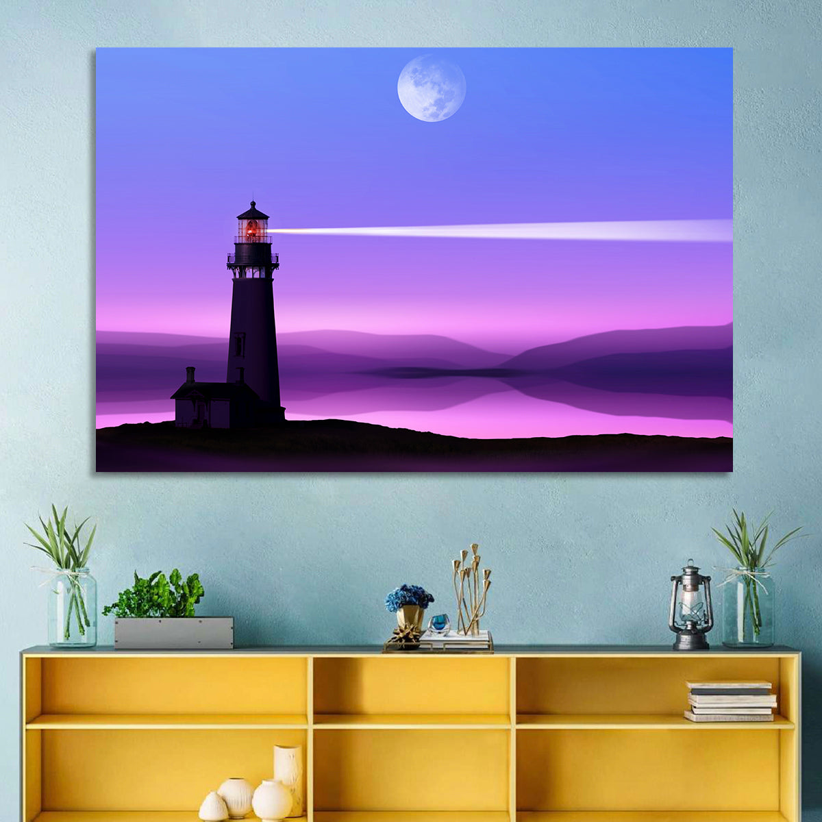 Moonlit Lighthouse Reflection Wall Art in a room, landscape