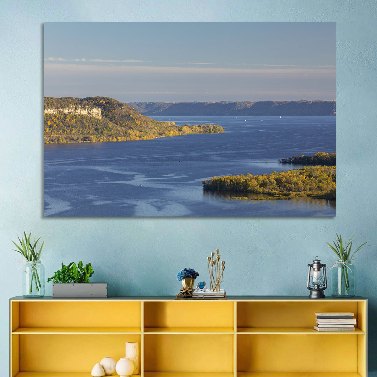 Mississippi River Autumn Panorama Wall Art in a room, landscape