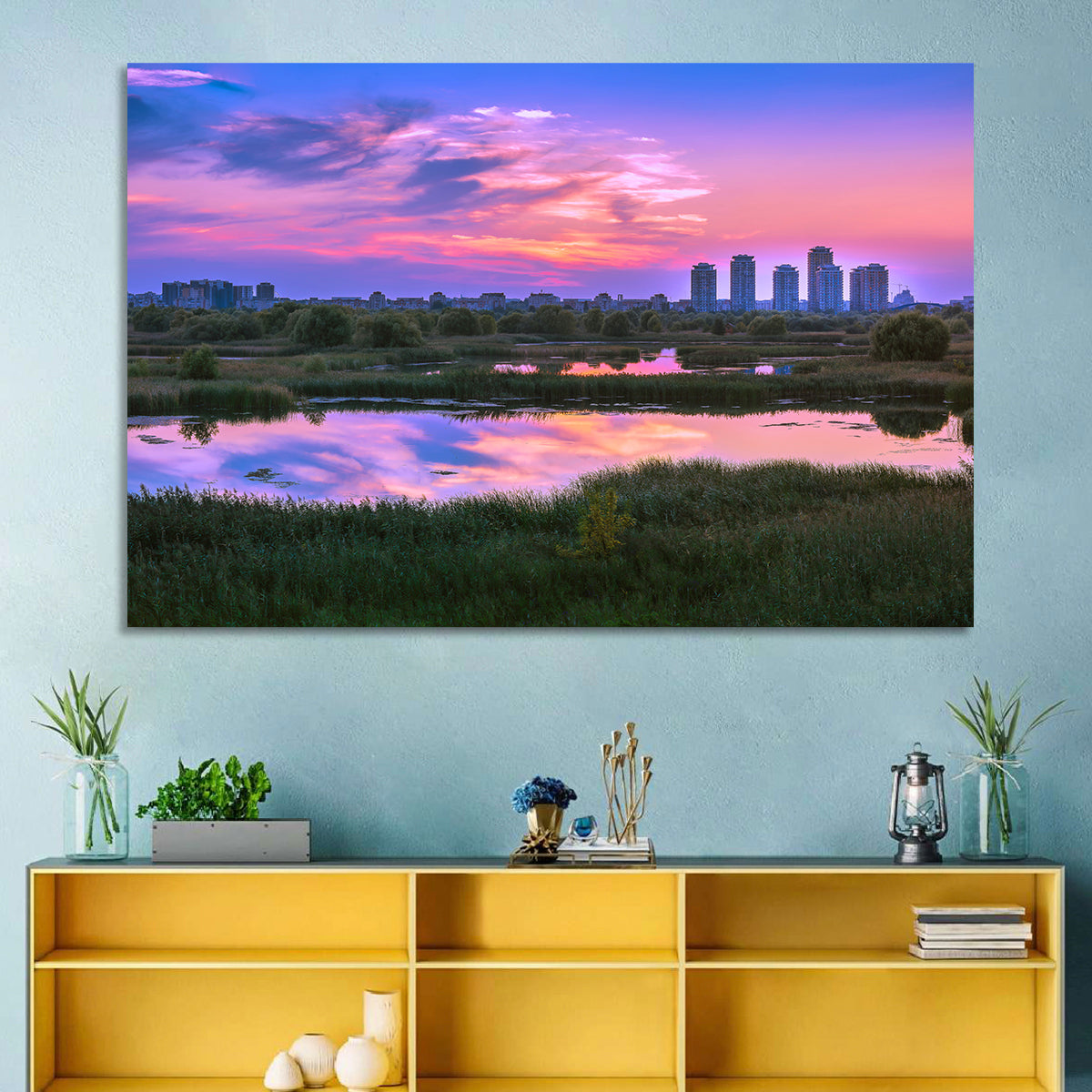 Vacaresti Park Sunset Reflection Wall Art in a room, landscape