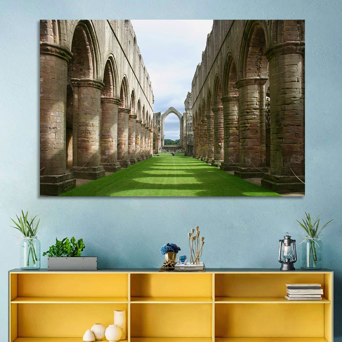 Fountains Abbey Ruins Grassy Nave View Wall Art in a room, landscape