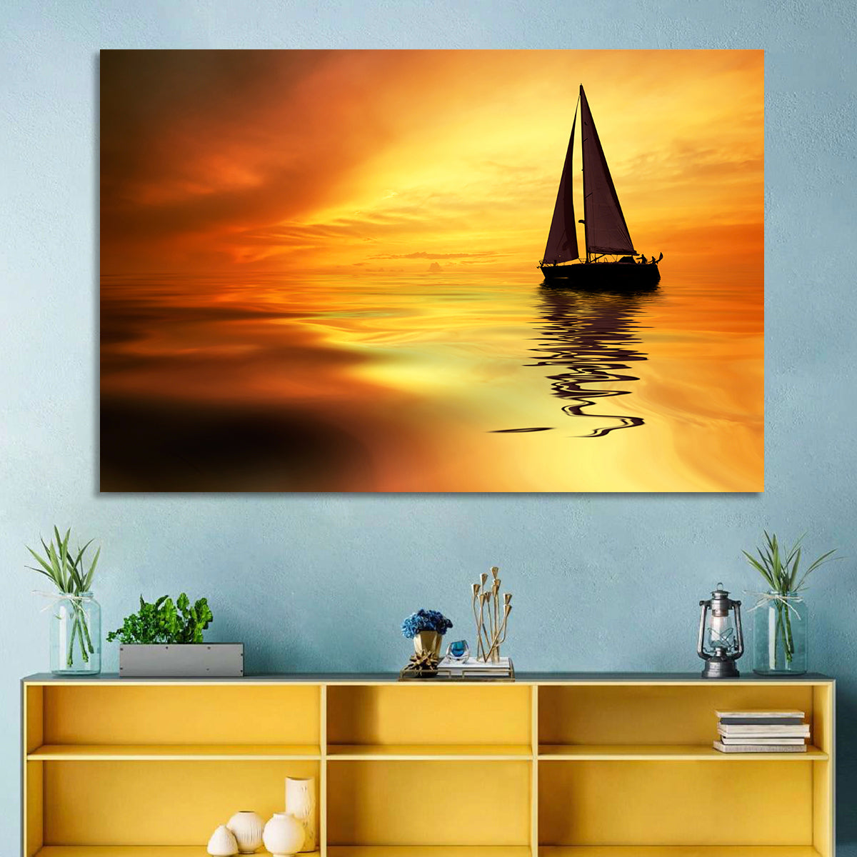 Golden Hour Sailboat Silhouette Wall Art in a room, landscape