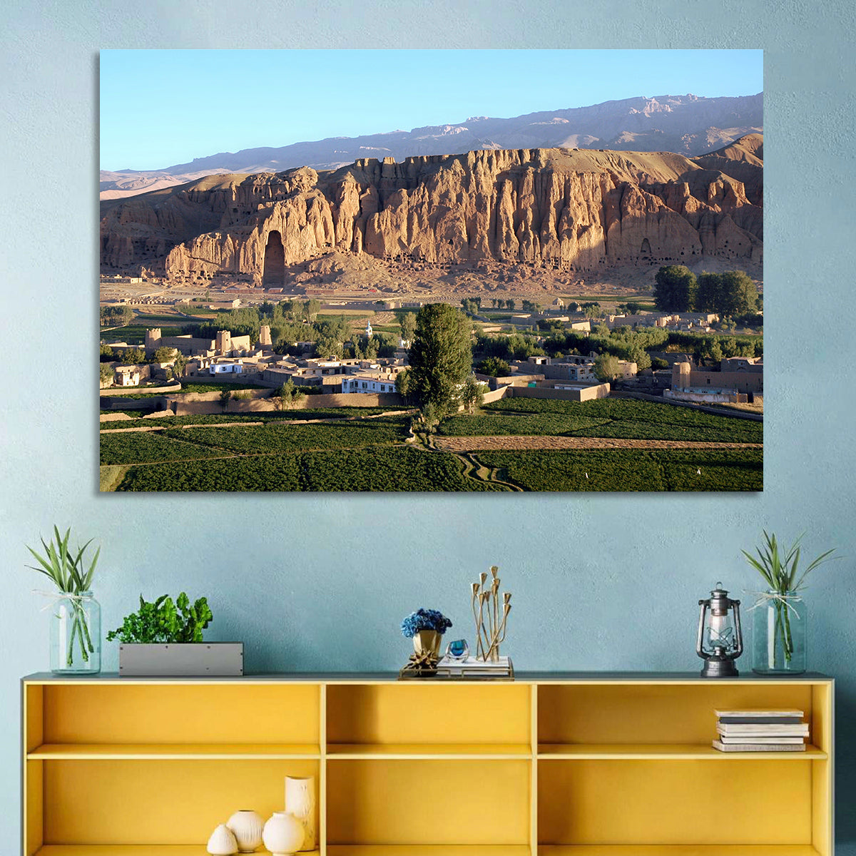 Bamiyan Valley Cliff Niche at Golden Hour Wall Art in a room, landscape